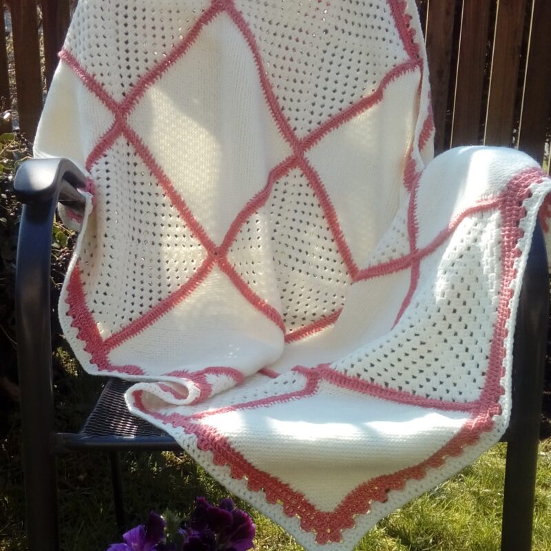 narzuta na drutach, ręcznie dziergana, kocyk do wózka